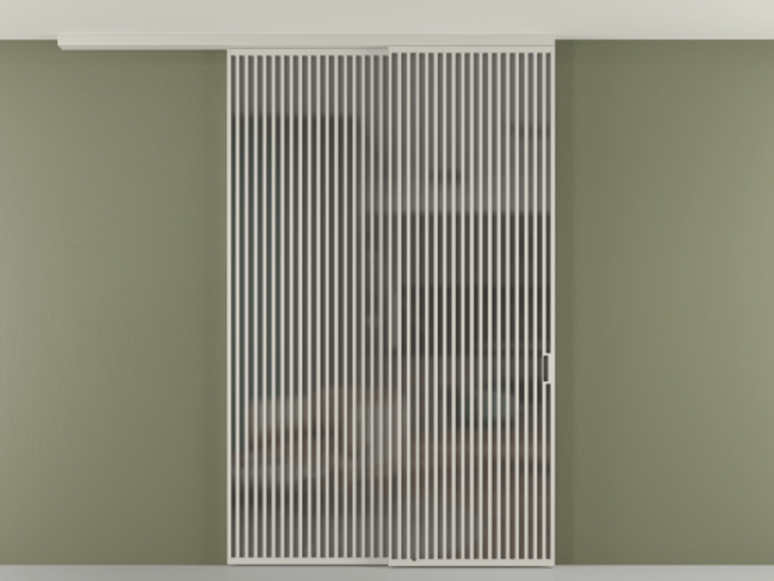 Перегородка Формато вдоль стены на потолок 2 створки с синхронным механизмом АЛПР 040.06 Алюминий тёплый серый Сатинированное серое стекло, триплекс Цена 106903860 so'm | Volhovec