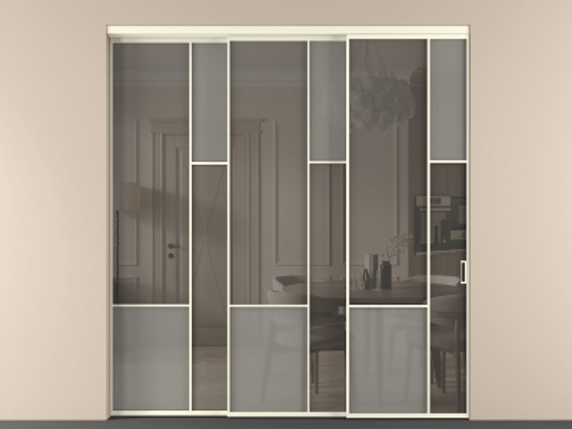 Перегородка Мозаик внутри проёма 3 створки с синхронным механизмом АЛПР 041.12 Алюминий молочно-белый Сатинированное серое стекло, триплекс, 6 мм + Прозрачное серое стекло, триплекс Цена 88790170 so'm | Volhovec