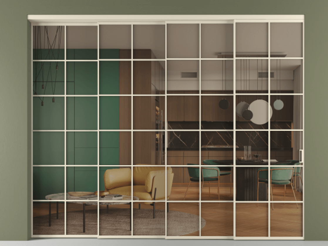 Перегородка Формато внутри проёма 4 створки с синхронным механизмом АЛПР 040.05 Алюминий бежево-серый Прозрачное бронзовое стекло, триплекс. Цена 99202040 so'm 1. Полотно 4 шт. (800/2100 мм)
2. Комплект установки раздвижной системы
3. Базовый комплект фурнитуры
4. Комплект фурнитуры телескопик синхро-3
5. Ручка Рондо. Фабрика дверей Волховец 8 (800) 551 43 19 Перегородка Формато внутри проёма 4 створки с синхронным механизмом АЛПР 040.05 Алюминий бежево-серый Прозрачное бронзовое стекло, триплекс Цена 99202040 so'm | Volhovec