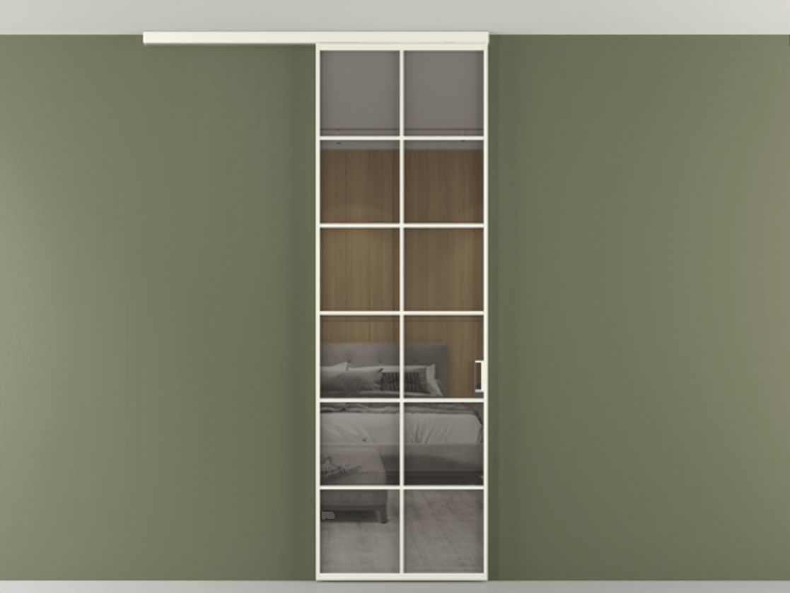 Перегородка Формато вдоль стены на потолок 1 створка АЛПР 040.05 Алюминий жемчужный Рефлективное серое стекло "Стопсол", калёное Цена 23193160 so'm | Volhovec