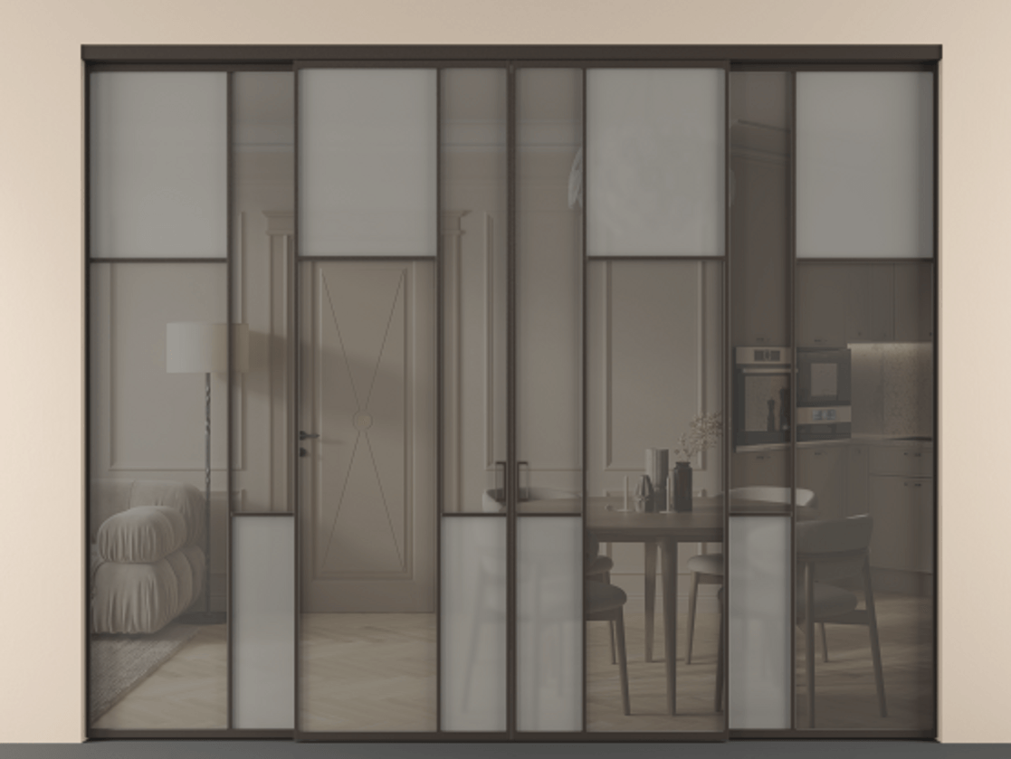 Перегородка Мозаик внутри проёма 4 створки АЛПР 041.11 Алюминий антрацит Сатинированное серое стекло, триплекс, 6 мм + Прозрачное серое стекло, триплекс Цена 93566760 so'm | Volhovec