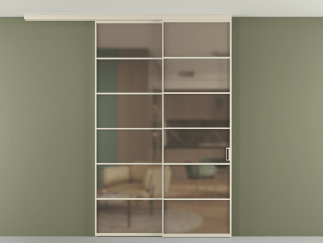 Перегородка Формато вдоль стены на потолок 2 створки с синхронным механизмом АЛПР 040.04 Алюминий бежево-серый Сатинированное бронзовое стекло, триплекс Цена 66620540 so'm | Volhovec