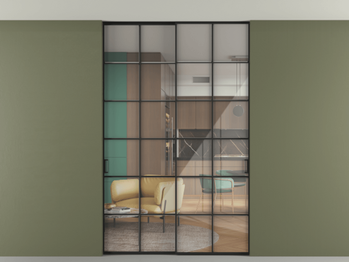 Перегородка Формато внутри проёма скрытое крепление в потолок 2 створки АЛПР 040.05 Алюминий Черный Рефлективное прозрачное стекло "Стопсол", калёное Цена 63717640 so'm | Volhovec