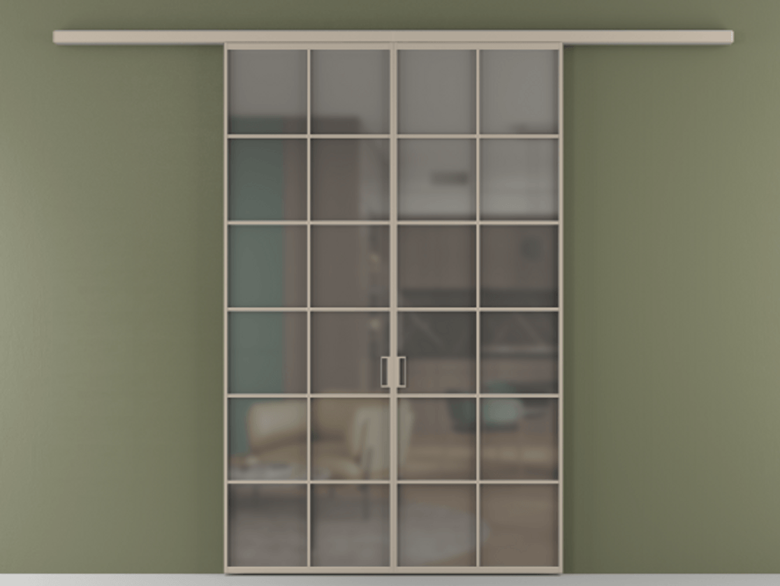 Перегородка Формато вдоль стены 2 створки АЛПР 040.05 Алюминий бисквитный Сатинированное серое стекло, триплекс Цена 42051450 so'm | Volhovec