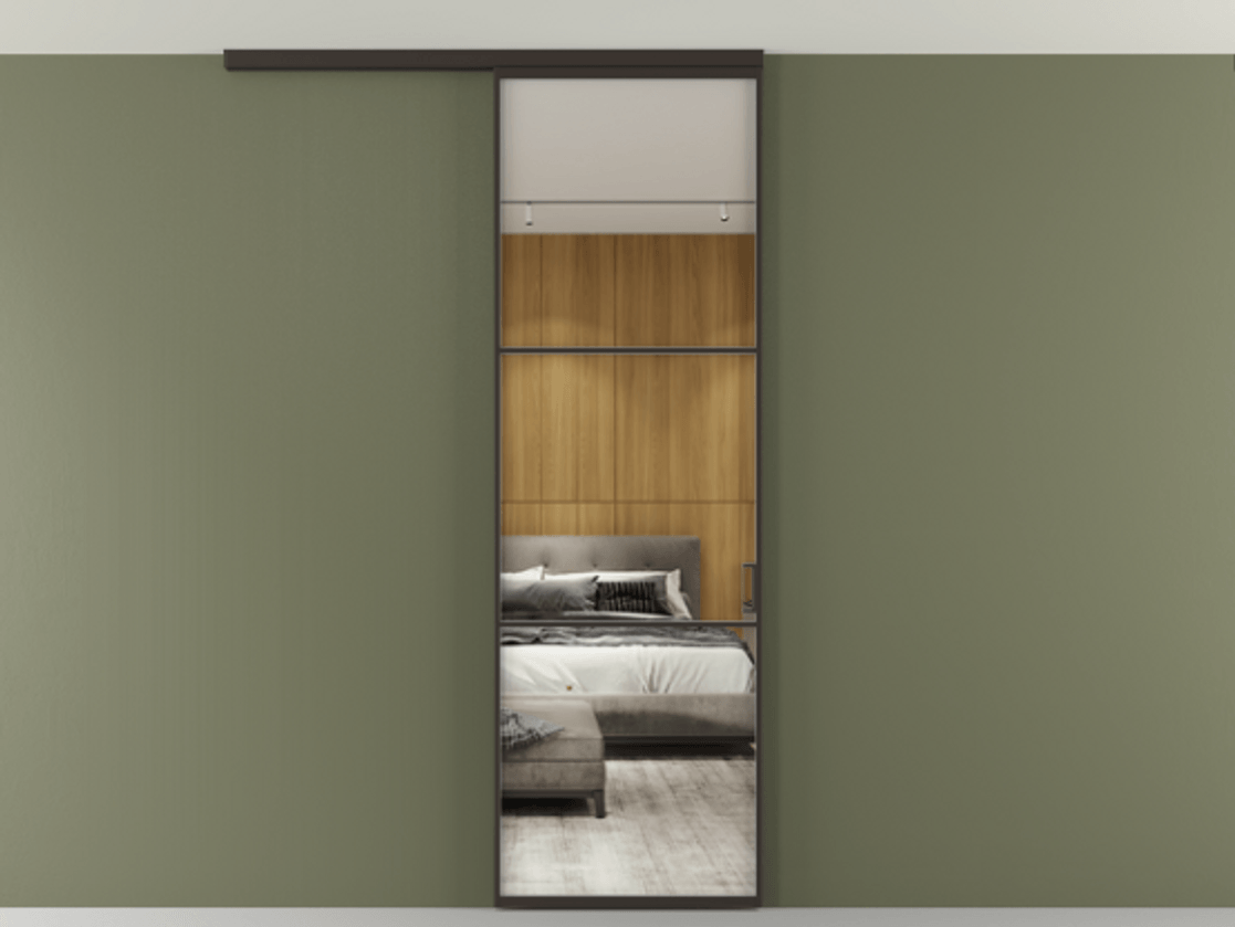 Перегородка Формато вдоль стены на потолок 1 створка АЛПР 040.03 Алюминий антрацит Двустороннее зеркало, триплекс , триплекс 6 мм Цена 20500560 so'm | Volhovec