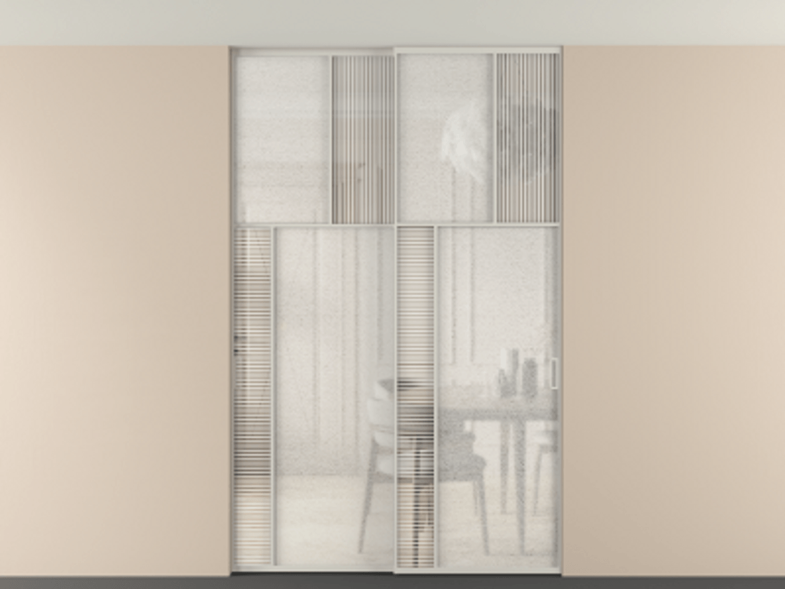 Перегородка Мозаик внутри проёма скрытое крепление в потолок 2 створки АЛПР 041.22 Алюминий тёплый серый Рифлёное стекло "Дюна", триплекс, 6 мм + Фактурное стекло "Лёд", триплекс Цена 69137740 so'm | Volhovec