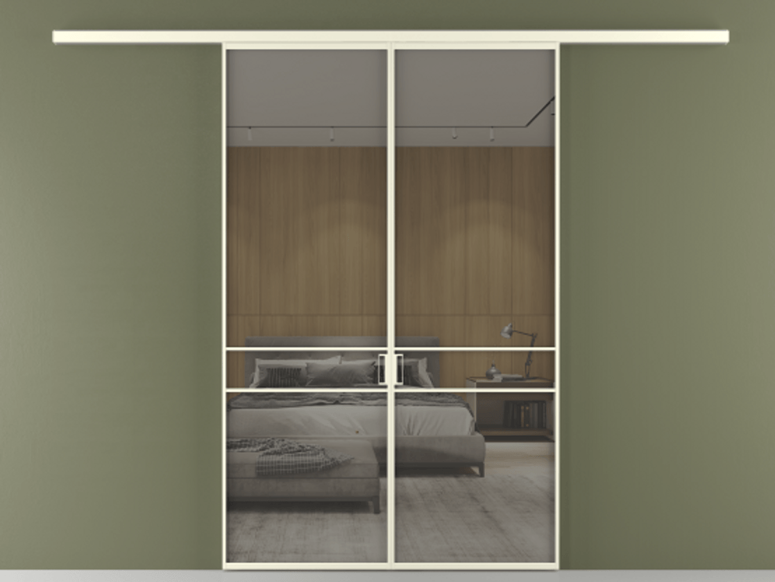 Перегородка Формато вдоль стены 2 створки АЛПР 040.02 Алюминий молочно-белый Рефлективное серое стекло "Стопсол", калёное Цена 50547000 so'm | Volhovec