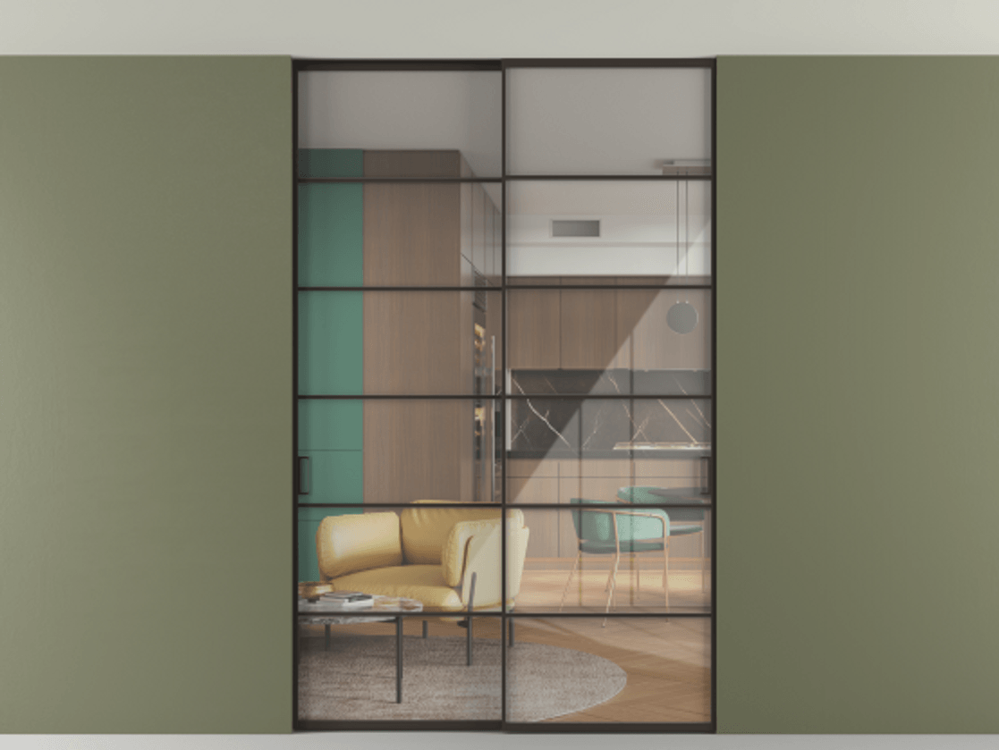 Перегородка Формато внутри проёма скрытое крепление в потолок 2 створки АЛПР 040.04 Алюминий антрацит Рефлективное прозрачное стекло "Стопсол", калёное Цена 65504040 so'm | Volhovec