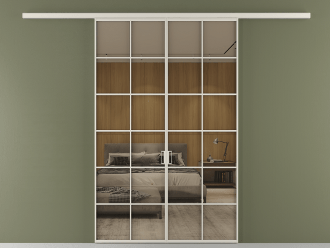 Перегородка Формато вдоль стены 2 створки АЛПР 040.05 Алюминий облачно-серый Рефлективное бронзовое стекло "Стопсол", калёное Цена 53713800 so'm | Volhovec