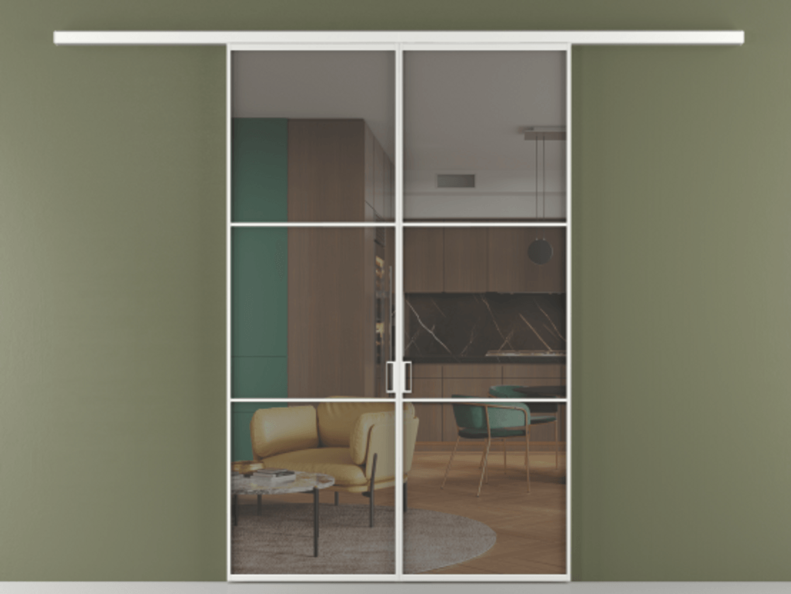 Перегородка Формато вдоль стены 2 створки АЛПР 040.03 Алюминий белоснежный Прозрачное серое стекло, триплекс Цена 39676350 so'm | Volhovec