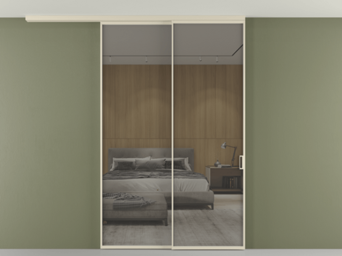 Перегородка Формато вдоль стены на потолок 2 створки с синхронным механизмом АЛПР 040.01 Алюминий бежево-серый Рефлективное серое стекло "Стопсол", калёное Цена 63973420 so'm | Volhovec