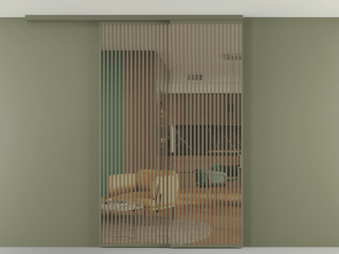 Перегородка Formato вдоль стены на потолок 2 створки с синхронным механизмом АЛПР 040.06 Алюминий оливковый тёмный Прозрачное оранжевое стекло, триплекс Цена 91442510 so'm | Volhovec