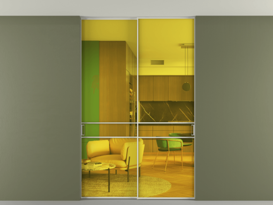 Перегородка Формато внутри проёма скрытое крепление в потолок 2 створки АЛПР 040.02 Алюминий Белый Прозрачное жёлтое стекло, триплекс Цена 49181830 so'm | Volhovec