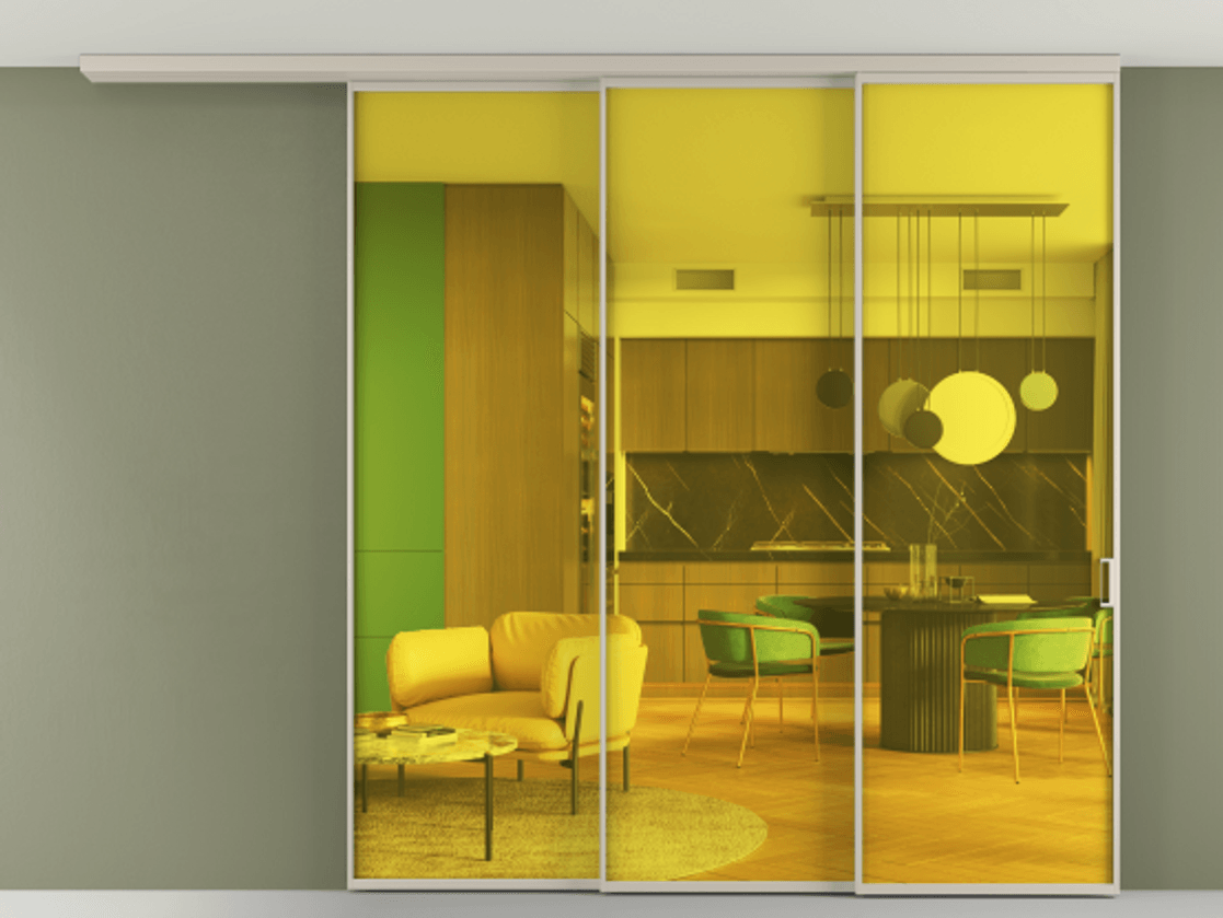 Перегородка Formato вдоль стены на потолок 3 створки с синхронным механизмом АЛПР 040.01 Алюминий светло-бежевый Прозрачное жёлтое стекло, триплекс Цена 77567900 so'm | Volhovec