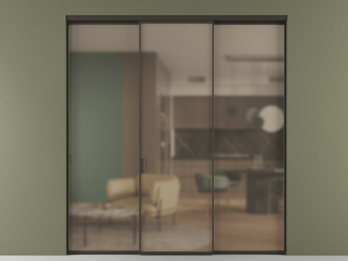 Перегородка Формато внутри проёма 3 створки АЛПР 040.01 Алюминий антрацит Сатинированное бронзовое стекло, триплекс Цена 45700380 so'm | Volhovec