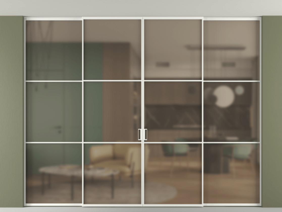 Перегородка Формато внутри проёма скрытое крепление в потолок 4 створки АЛПР 040.03 Алюминий светло-серый Сатинированное бронзовое стекло, триплекс Цена 2970930 AMD | Volhovec