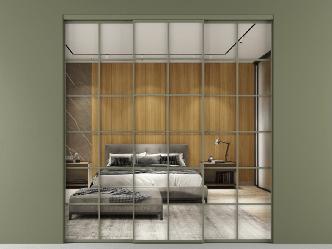 Перегородка Формато внутри проёма 3 створки АЛПР 040.05 Алюминий оливковый тёмный Двустороннее зеркало, триплекс , триплекс 6 мм Цена 51729480 so'm | Volhovec