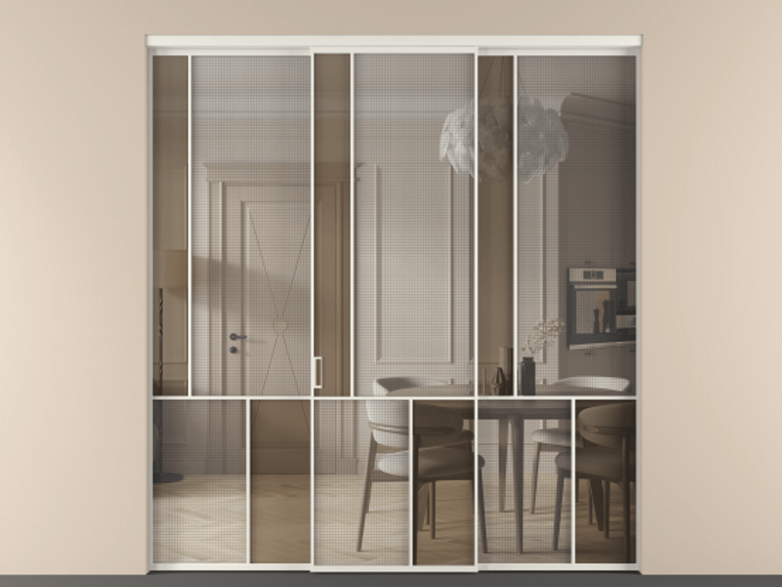 Перегородка Mosaic внутри проёма трёхстворчатая АЛПР 041.20 Алюминий Белый Mesh silver + Бронза прозрачное триплекс Цена 67140220 so'm | Volhovec