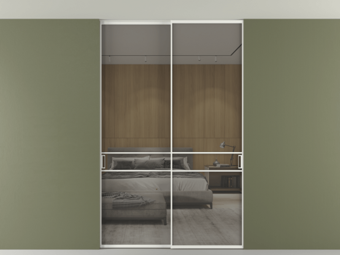 Перегородка Формато внутри проёма скрытое крепление в потолок 2 створки АЛПР 040.02 Алюминий светло-серый Рефлективное серое стекло "Стопсол", калёное Цена 62020560 so'm | Volhovec