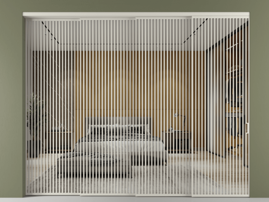 Перегородка Формато внутри проёма 4 створки с синхронным механизмом АЛПР 040.06 Алюминий тёплый серый Двустороннее зеркало, триплекс , триплекс 6 мм Цена 157795960 so'm | Volhovec