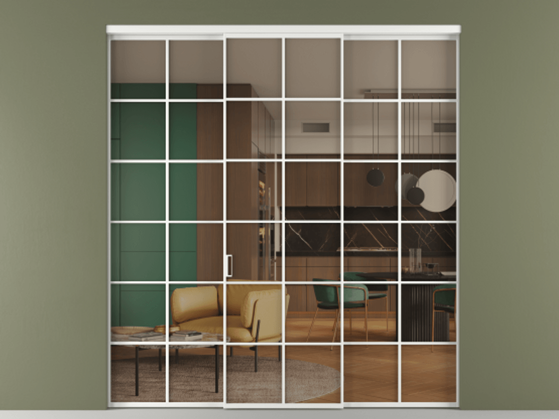 Перегородка Формато внутри проёма 3 створки АЛПР 040.05 Алюминий белоснежный Прозрачное бронзовое стекло, триплекс Цена 51729480 so'm | Volhovec