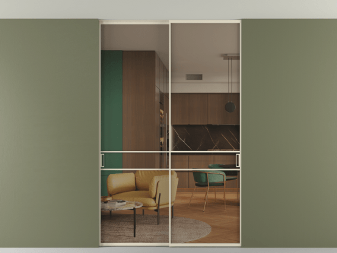 Перегородка Формато внутри проёма скрытое крепление в потолок 2 створки АЛПР 040.02 Алюминий бежево-серый Прозрачное бронзовое стекло, триплекс Цена 50387650 so'm | Volhovec