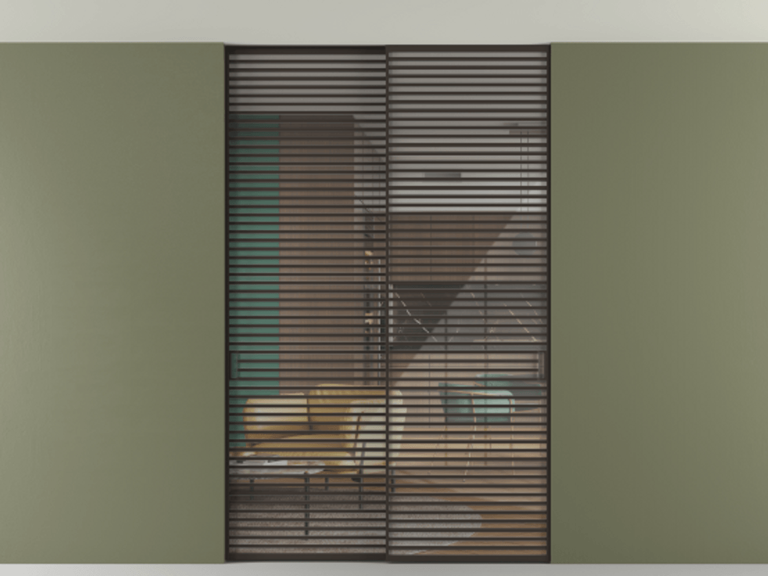 Перегородка Формато внутри проёма скрытое крепление в потолок 2 створки АЛПР 040.07 Алюминий антрацит Рефлективное прозрачное стекло "Стопсол", калёное Цена 105787360 so'm | Volhovec