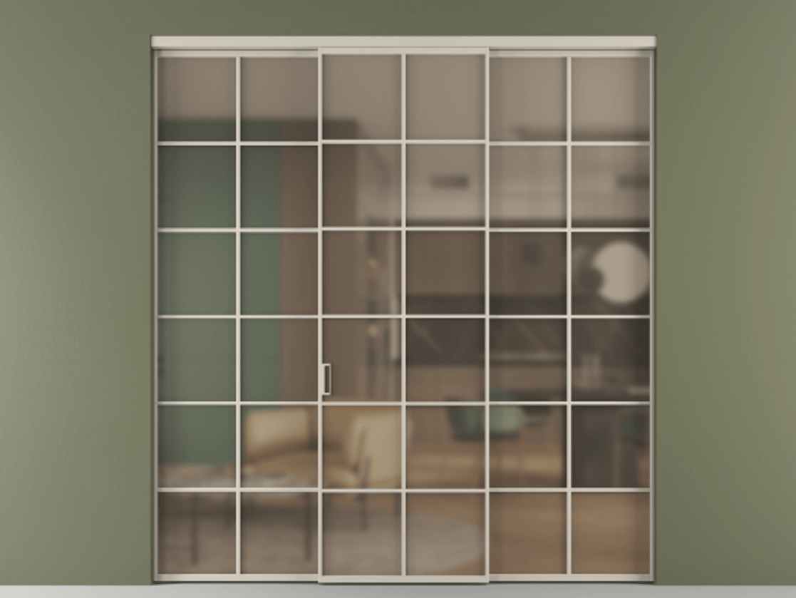 Перегородка Формато внутри проёма 3 створки АЛПР 040.05 Алюминий светло-бежевый Сатинированное бронзовое стекло, триплекс Цена 51729480 so'm | Volhovec