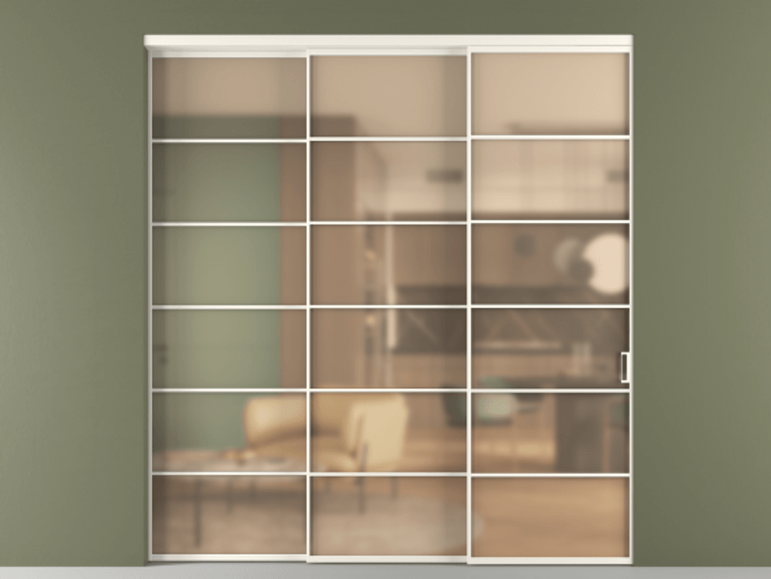 Перегородка Formato внутри проёма 3 створки с синхронным механизмом АЛПР 040.04 Алюминий пудровый белый Сатинированное оранжевое стекло, триплекс Цена 73741780 so'm  | Volhovec