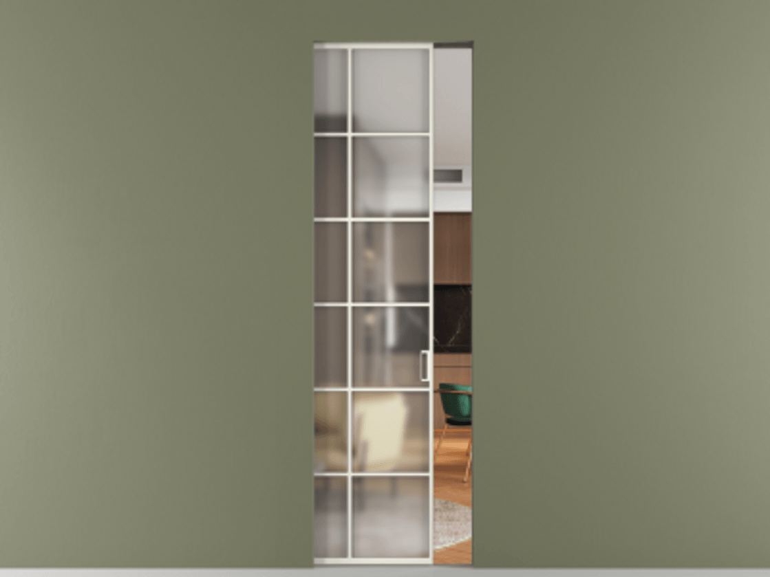 Перегородка Формато скрытый пенал 1 створка АЛПР 040.05 Алюминий жемчужный Сатинированное стекло "Мателюкс Кристал Вижн", калёное, матовое, каленое 6 мм Цена 34108060 so'm | Volhovec