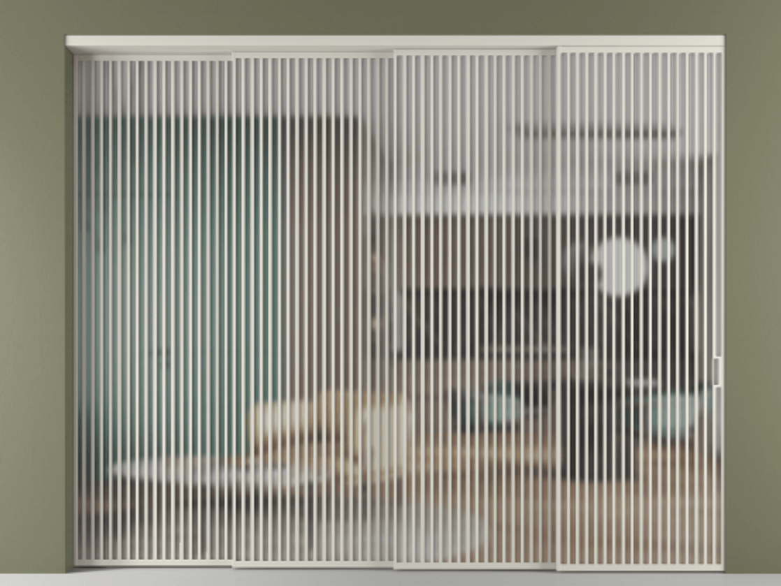 Перегородка Формато внутри проёма 4 створки с синхронным механизмом АЛПР 040.06 Алюминий тёплый серый Сатинированное стекло "Мателюкс Кристал Вижн", калёное, матовое, каленое 6 мм Цена 162992760 so'm | Volhovec