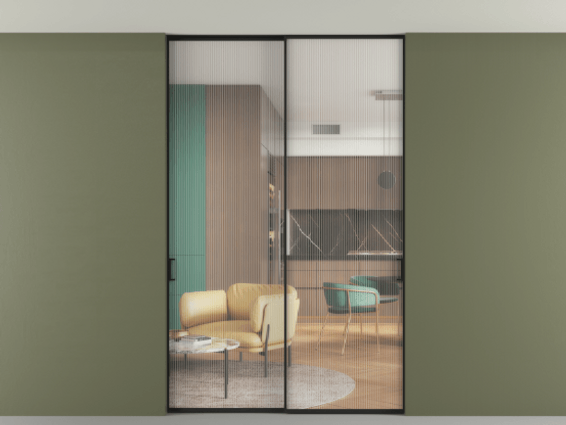 Перегородка Формато внутри проёма скрытое крепление в потолок 2 створки АЛПР 040.01 Алюминий Черный Рифлёное стекло "Мору", триплекс Цена 49876090 so'm | Volhovec