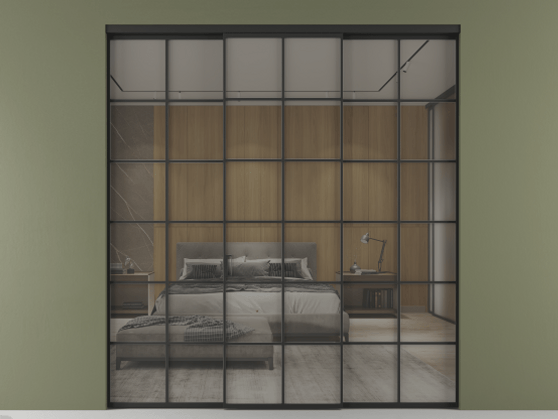 Перегородка Formato внутри проёма 3 створки АЛПР 040.05 Алюминий Черный Рефлективное серое стекло "Стопсол", калёное Цена 66543400 so'm | Volhovec