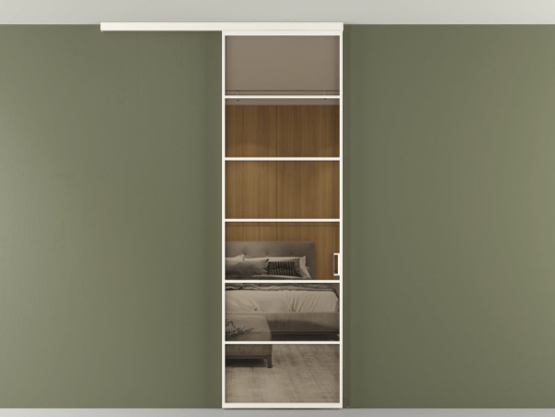 Перегородка Формато вдоль стены на потолок 1 створка АЛПР 040.04 Алюминий пудровый белый Рефлективное бронзовое стекло "Стопсол", калёное Цена 134090 ₽ | Volhovec