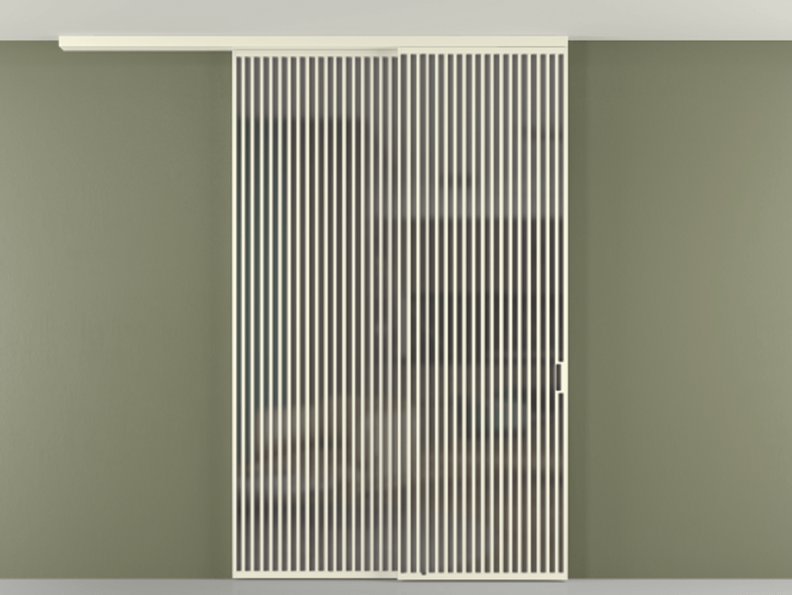 Перегородка Формато вдоль стены на потолок 2 створки с синхронным механизмом АЛПР 040.06 Алюминий молочно-белый Сатинированное серое стекло, триплекс Цена 91442570 so'm | Volhovec