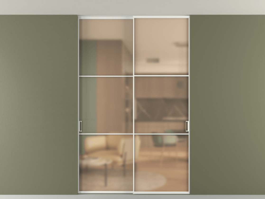 Перегородка Формато внутри проёма скрытое крепление в потолок 2 створки АЛПР 040.03 Алюминий светло-серый Сатинированное оранжевое стекло, триплекс Цена 50387650 so'm | Volhovec