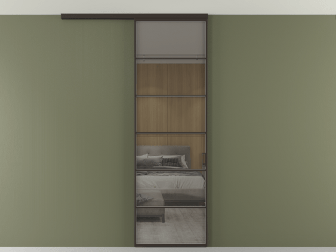 Перегородка Формато вдоль стены на потолок 1 створка АЛПР 040.04 Алюминий антрацит Рефлективное серое стекло "Стопсол", калёное Цена 23193160 so'm | Volhovec