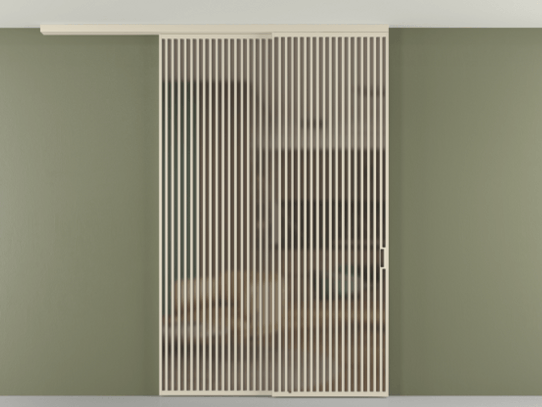 Перегородка Формато вдоль стены на потолок 2 створки с синхронным механизмом АЛПР 040.06 Алюминий бежево-серый Сатинированное бронзовое стекло, триплекс Цена 106903860 so'm | Volhovec