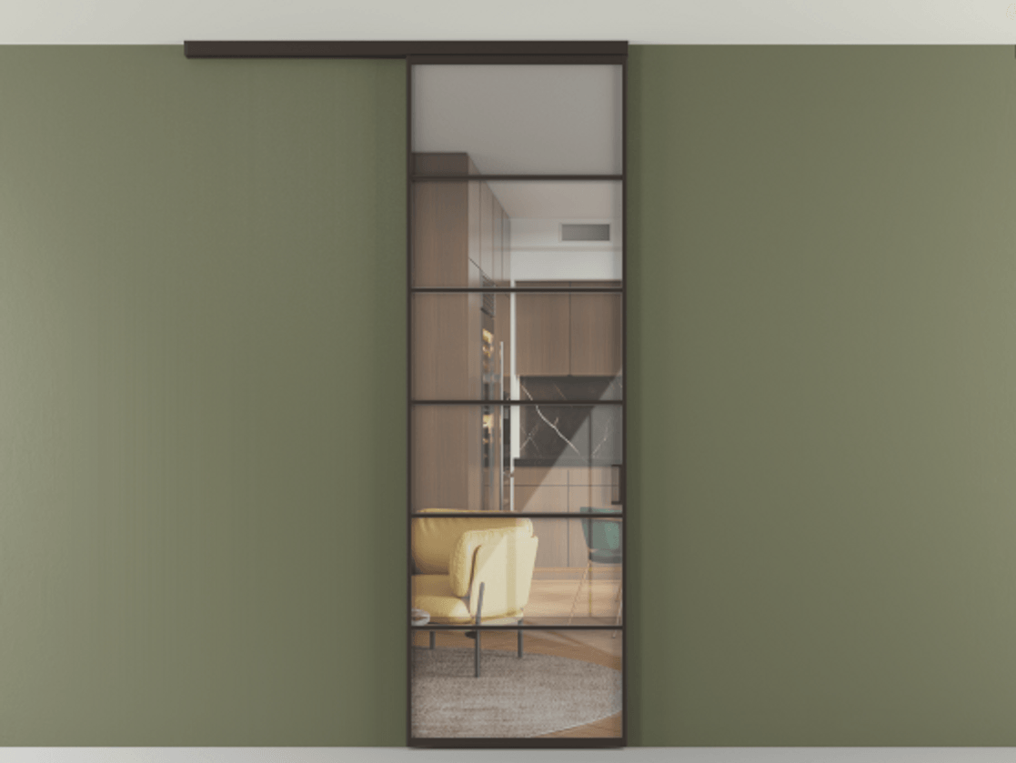 Перегородка Формато вдоль стены на потолок 1 створка АЛПР 040.04 Алюминий антрацит Рефлективное прозрачное стекло "Стопсол", калёное Цена 23193160 so'm | Volhovec