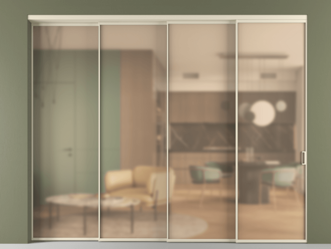 Перегородка Формато внутри проёма 4 створки с синхронным механизмом АЛПР 040.01 Алюминий бежево-серый Сатинированное оранжевое стекло, триплекс Цена 87797500 so'm | Volhovec