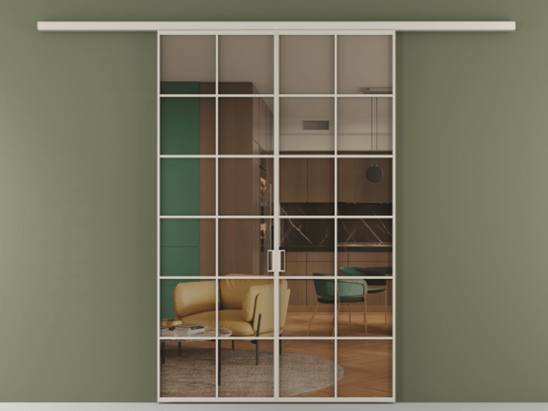 Перегородка Формато вдоль стены 2 створки АЛПР 040.05 Алюминий светло-бежевый Прозрачное бронзовое стекло, триплекс Цена 42051450 so'm | Volhovec