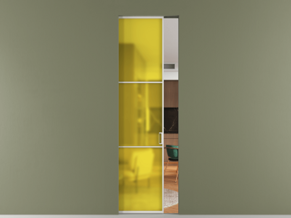 Перегородка Formato скрытый пенал 1 створка АЛПР 040.03 Алюминий Белый Сатинированное жёлтое стекло, триплекс Цена 30957500 so'm | Volhovec