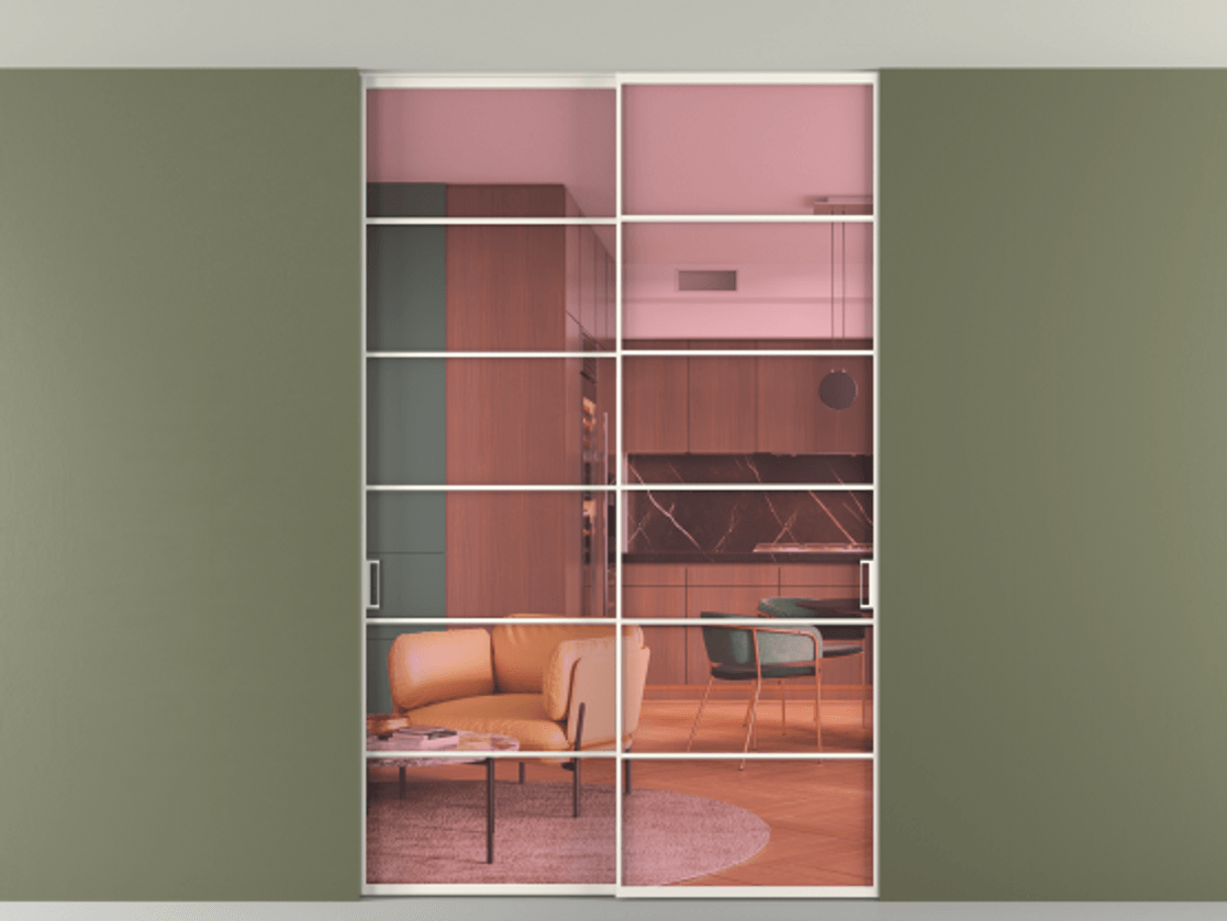 Перегородка Formato внутри проёма скрытое крепление в потолок 2 створки АЛПР 040.04 Алюминий пудровый белый Прозрачное розовое стекло, триплекс Цена 62256040 so'm | Volhovec