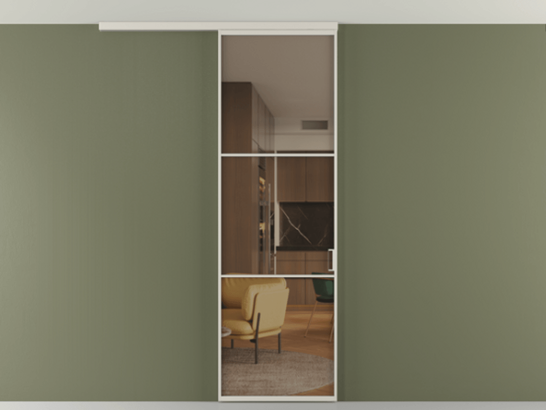 Перегородка Формато вдоль стены на потолок 1 створка АЛПР 040.03 Алюминий облачно-серый Прозрачное бронзовое стекло, триплекс Цена 20500560 so'm | Volhovec