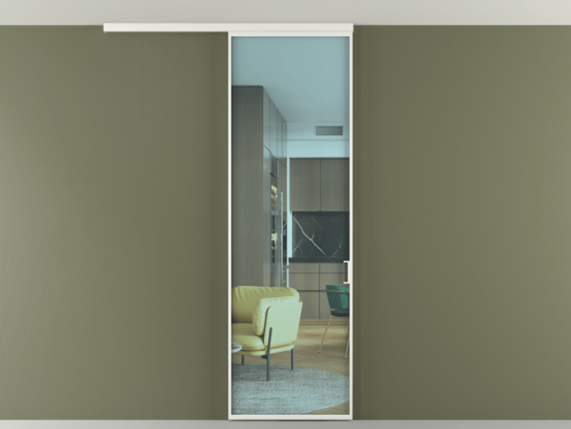 Перегородка Формато вдоль стены на потолок 1 створка АЛПР 040.01 Алюминий светло-серый Прозрачное голубое стекло, триплекс Цена 18757780 so'm | Volhovec