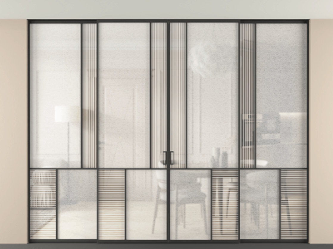 Перегородка Mosaic внутри проёма четырёхстворчатая со скрытым креплением в потолок АЛПР 041.20 Алюминий Черный Рифлёное стекло "Дюна", триплекс, 6 мм + Фактурное стекло "Лёд", триплекс, 6 мм. Скрытый короб ЧЕР Цена 116408320 so'm . Фабрика дверей Волховец 8 (800) 551 43 19 Перегородка Mosaic внутри проёма четырёхстворчатая со скрытым креплением в потолок АЛПР 041.20 Алюминий Черный Рифлёное стекло "Дюна", триплекс, 6 мм + Фактурное стекло "Лёд", триплекс, 6 мм Цена 116408320 so'm | Volhovec