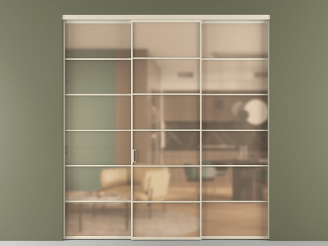 Перегородка Формато внутри проёма 3 створки АЛПР 040.04 Алюминий бежево-серый Сатинированное оранжевое стекло, триплекс Цена 54253780 so'm | Volhovec