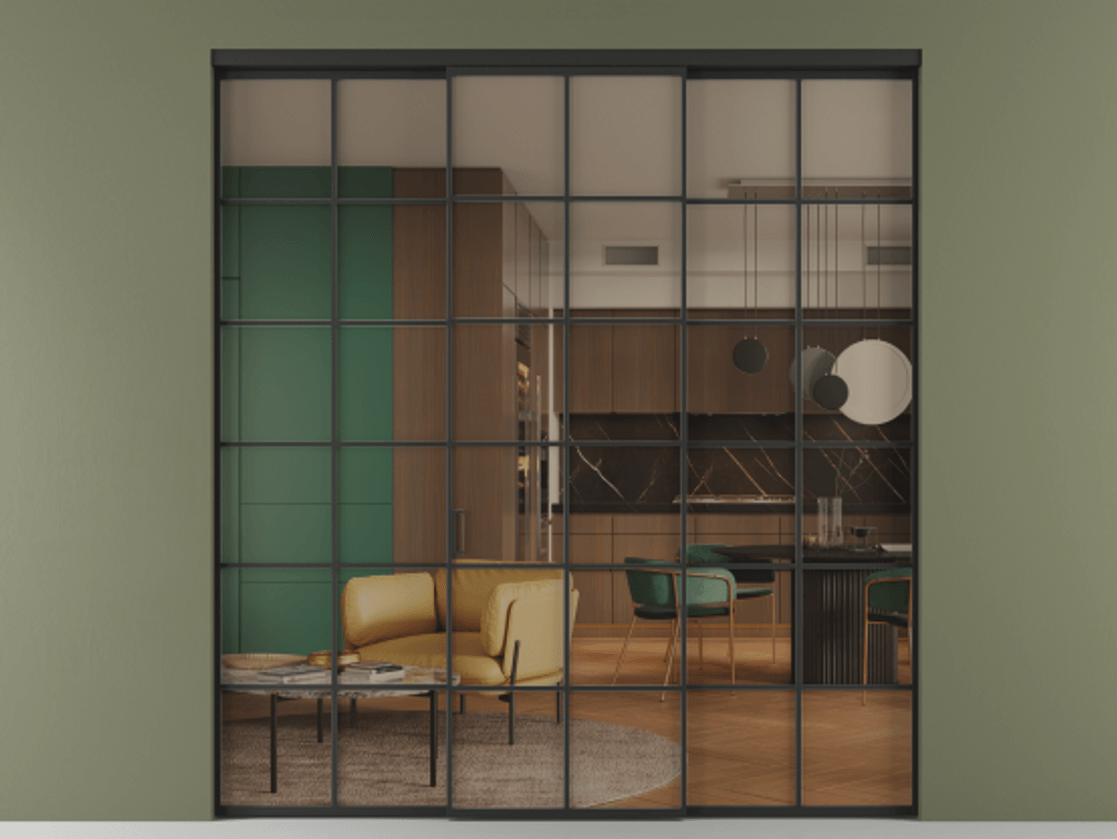 Перегородка Формато внутри проёма 3 створки АЛПР 040.05 Алюминий Черный Прозрачное бронзовое стекло, триплекс Цена 49658880 so'm | Volhovec