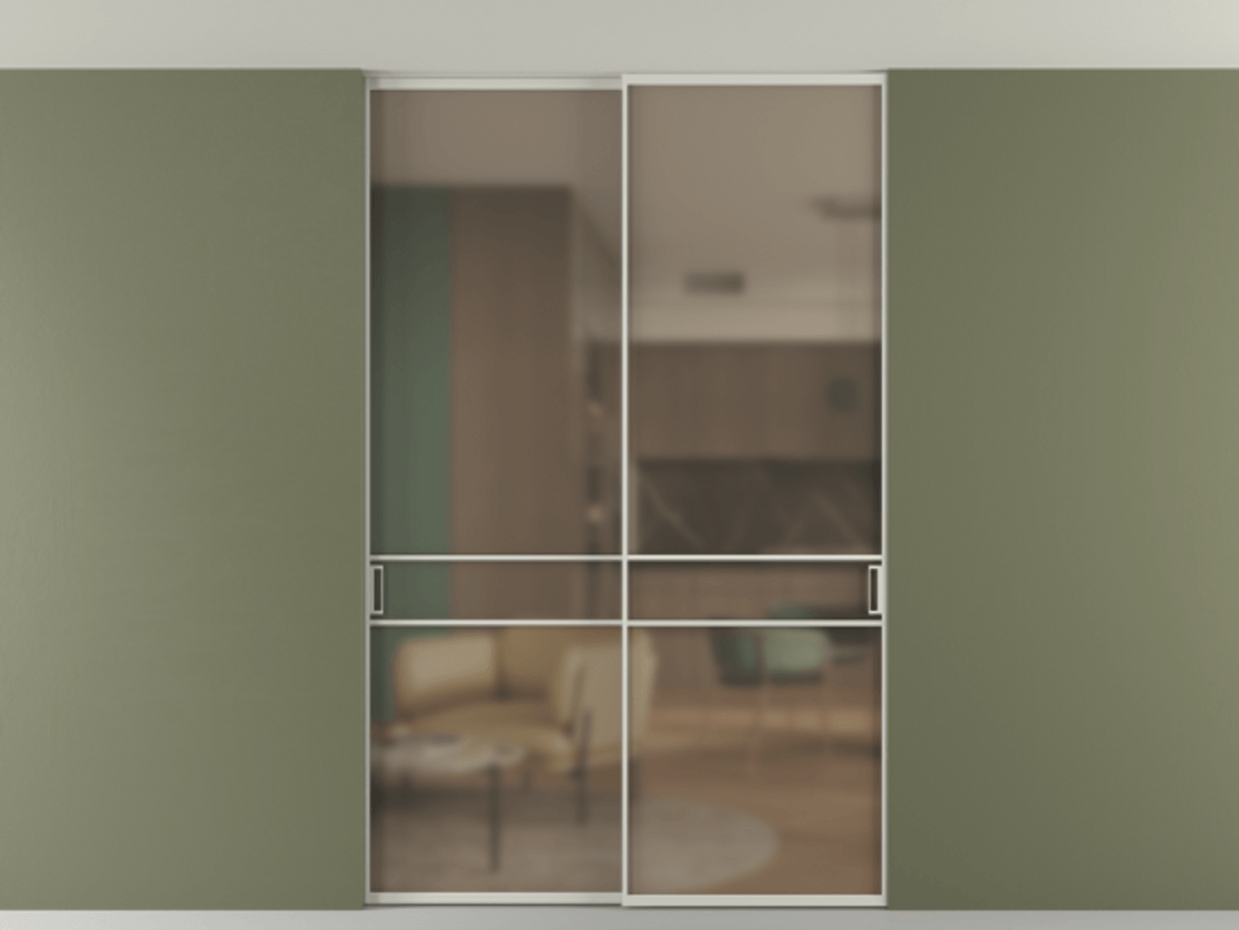 Перегородка Формато внутри проёма скрытое крепление в потолок 2 створки АЛПР 040.02 Алюминий тёплый серый Сатинированное бронзовое стекло, триплекс Цена 50387650 so'm | Volhovec