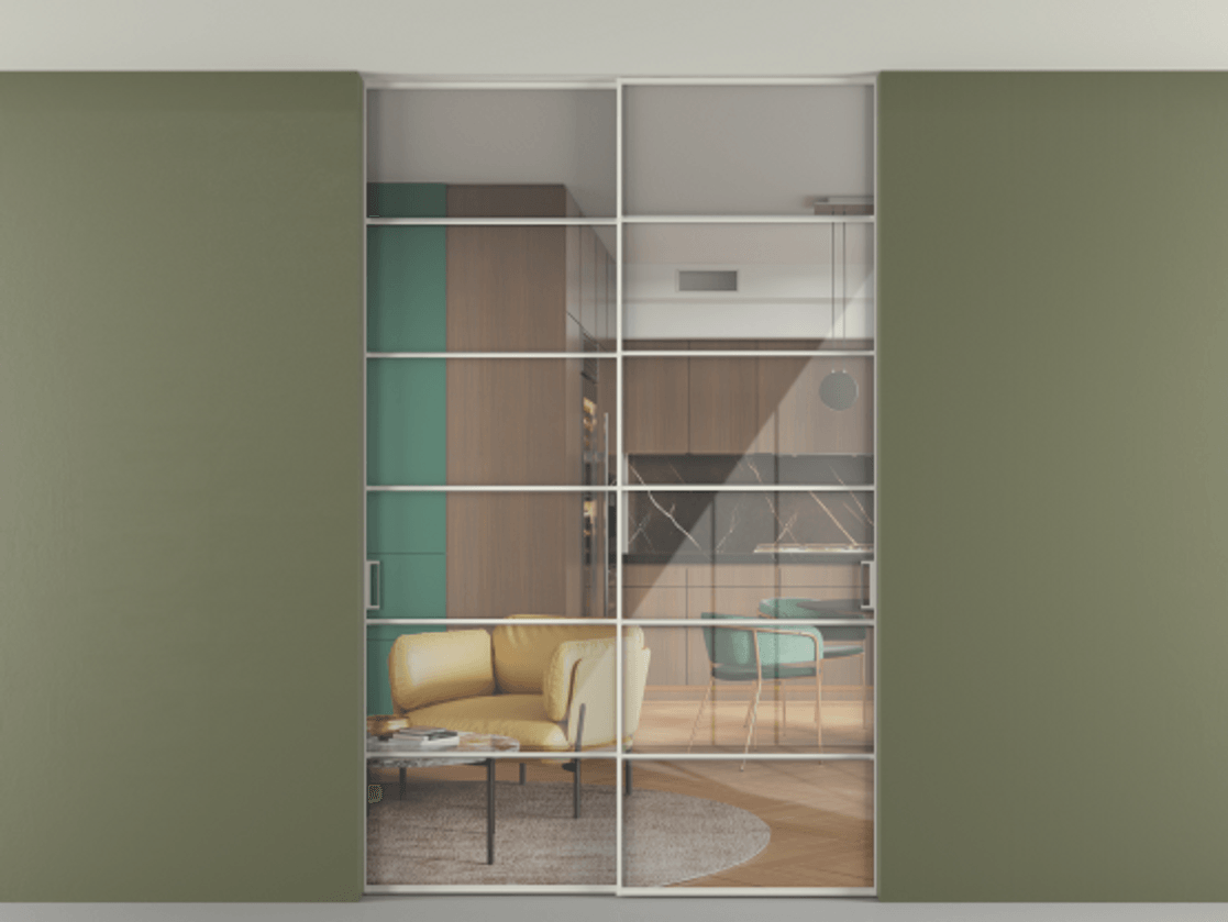 Перегородка Формато внутри проёма скрытое крепление в потолок 2 створки АЛПР 040.04 Алюминий Белый Рефлективное прозрачное стекло "Стопсол", калёное Цена 63717640 so'm | Volhovec